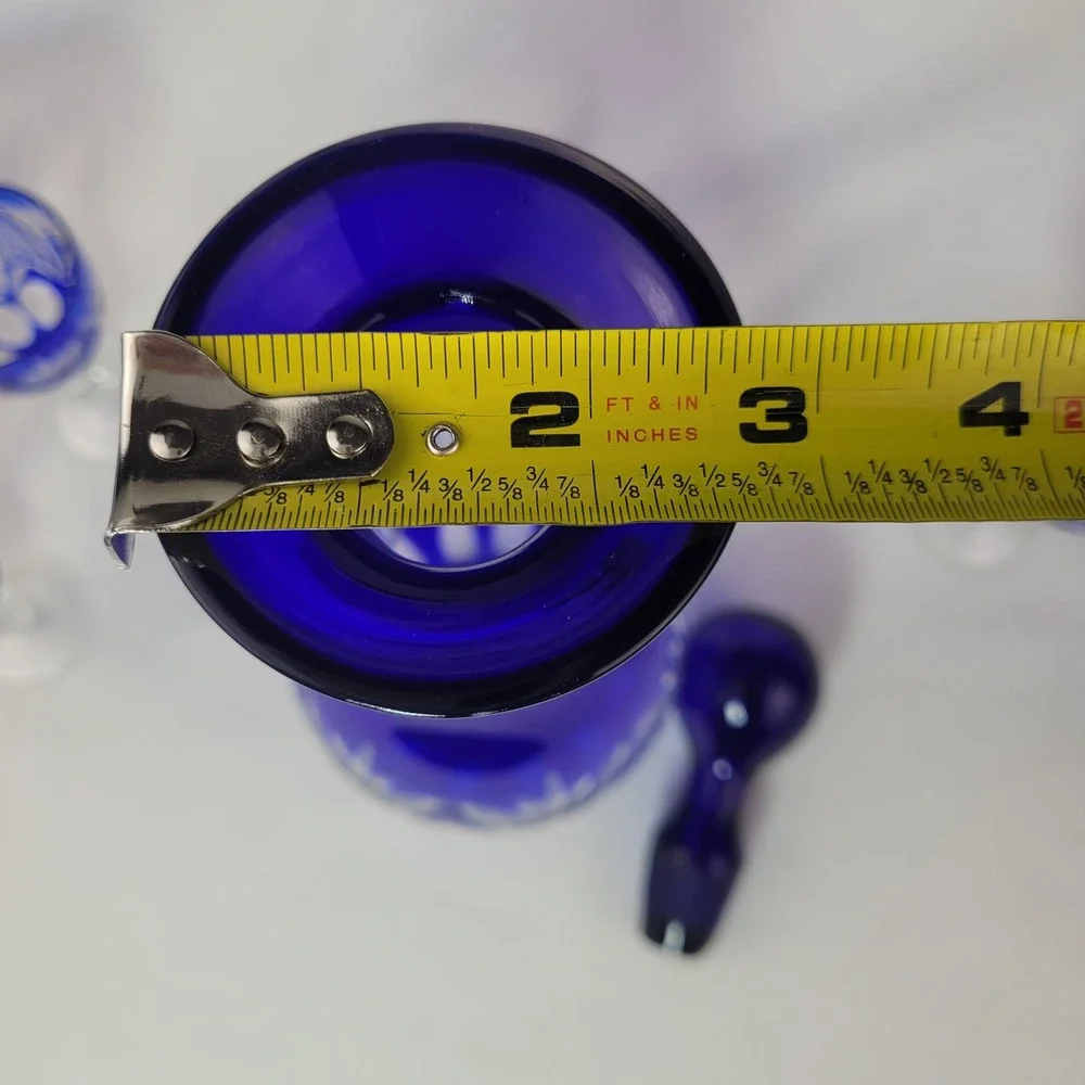 Vintage Bohemian Cobalt Blue Cut to Clear Crystal Decanter 5 Cordial Glasses Set